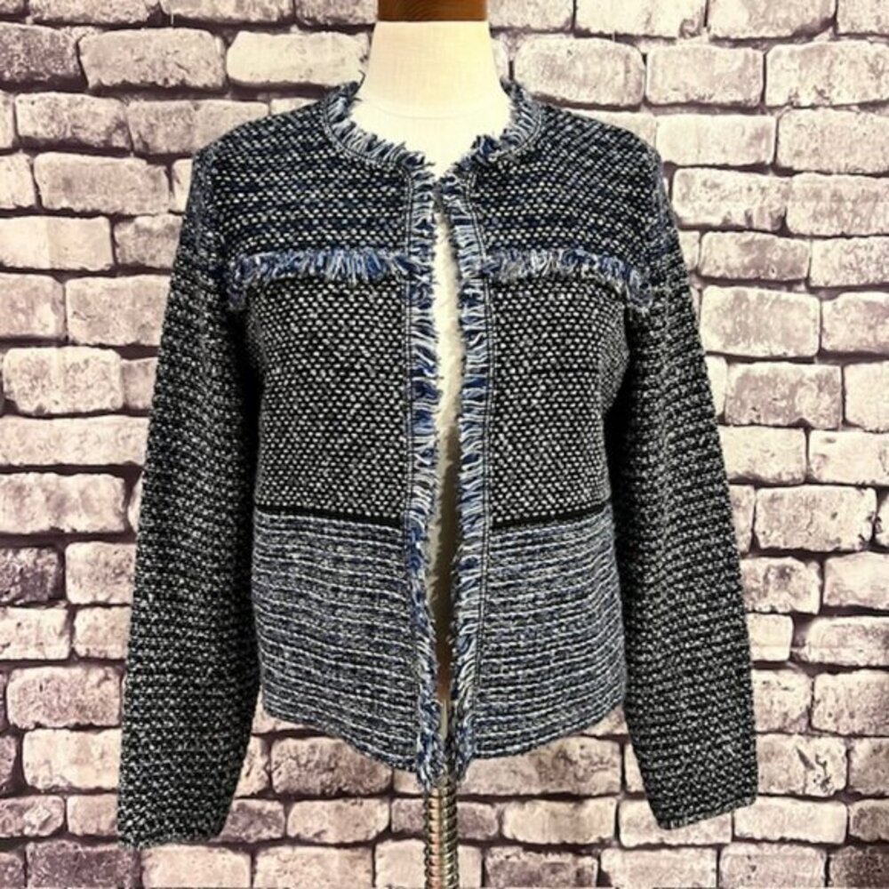 Chico's Knit Black, Blue & Gray Long Sleeve No Close Jacket Size M